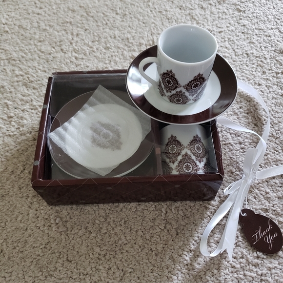 🤎Set of 2 Turkish coffee cup/espresso shot and saucer white/brown floral design - Picture 2 of 5
